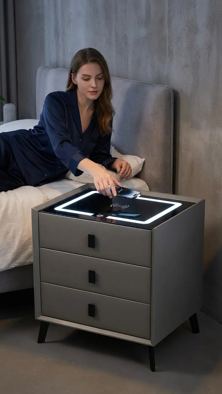 Noptieră Modernă cu 3 Sertare, Lumină Ambientală și Încărcare Wireless - imagine 13