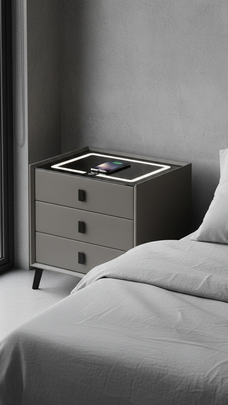 Noptieră Modernă cu 3 Sertare, Lumină Ambientală și Încărcare Wireless - imagine 12