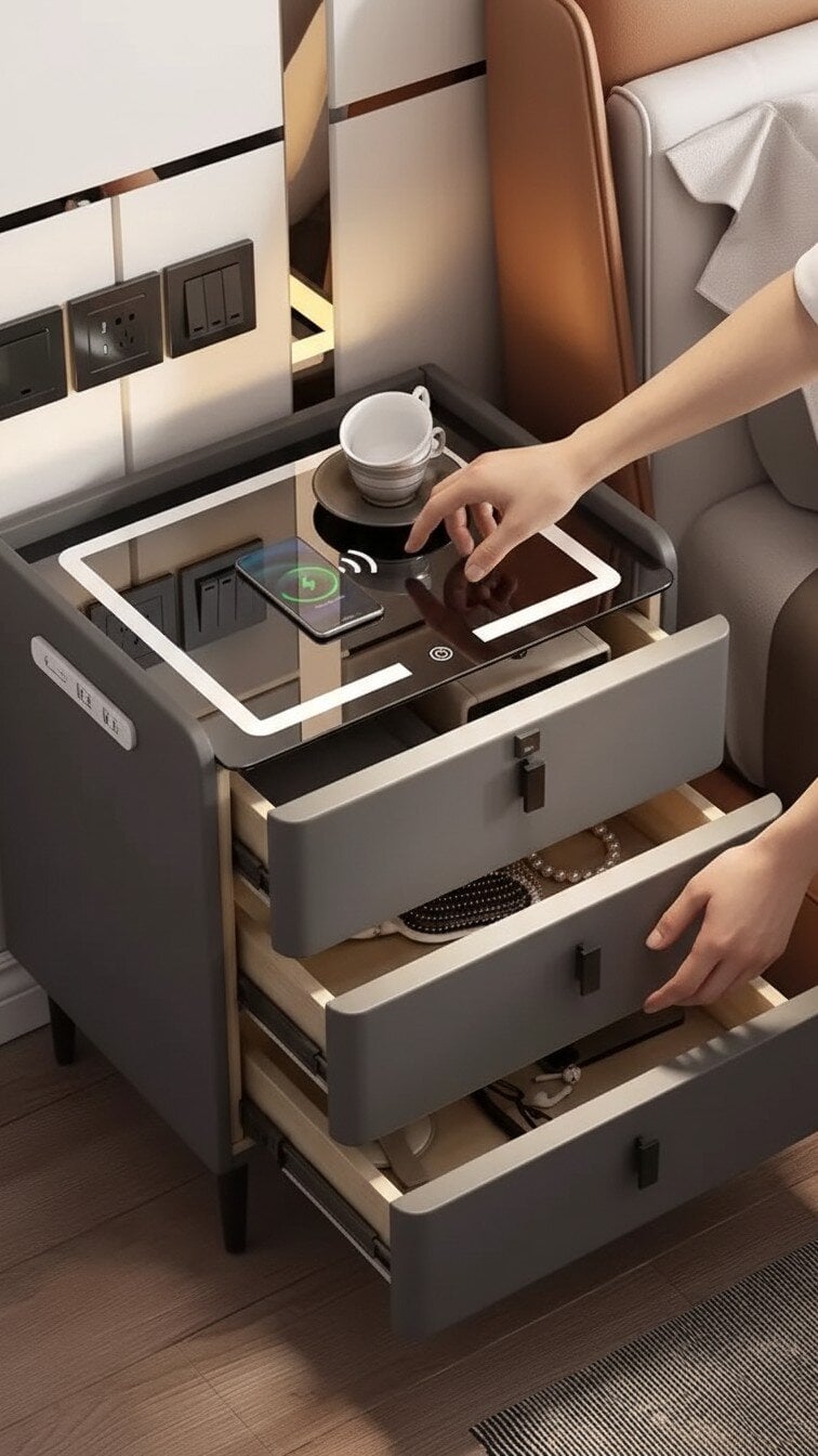 Noptieră Modernă cu 3 Sertare, Lumină Ambientală și Încărcare Wireless - imagine 10