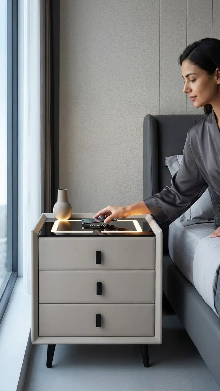Noptieră Modernă cu 3 Sertare, Lumină Ambientală și Încărcare Wireless - imagine 5